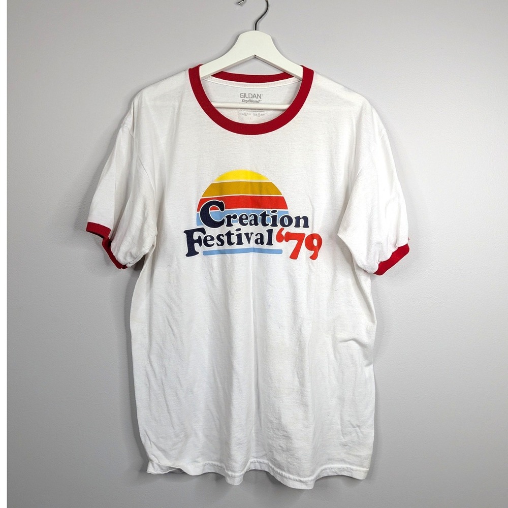 Gildan Ringer Tee Mens L White Good Creation Festival 79 Retro Graphic Shirt